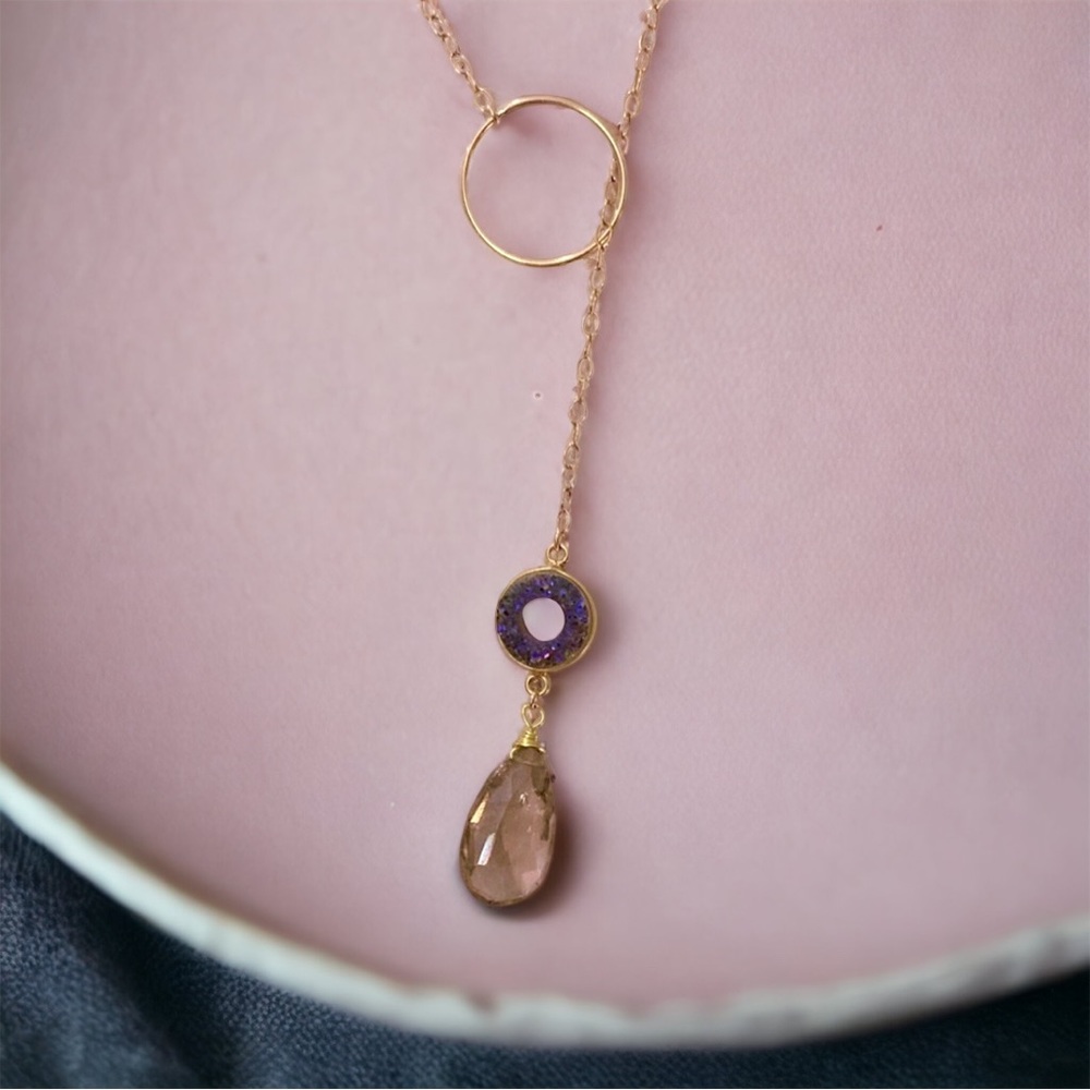 Smokey Quartz and Blue Druzy Lariat Necklace